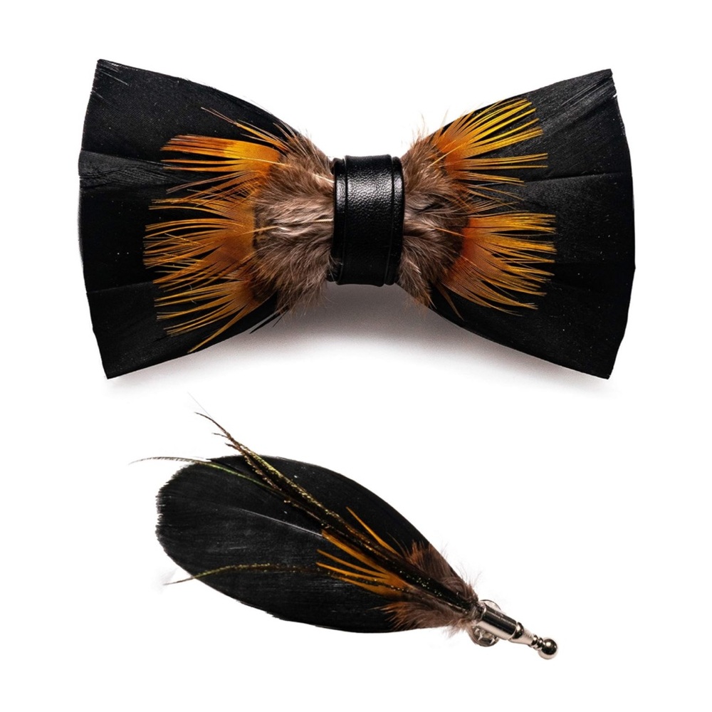 Men’s Wooden Gift Box Set Pre Tied Feather bow tie and matching lapel pin black